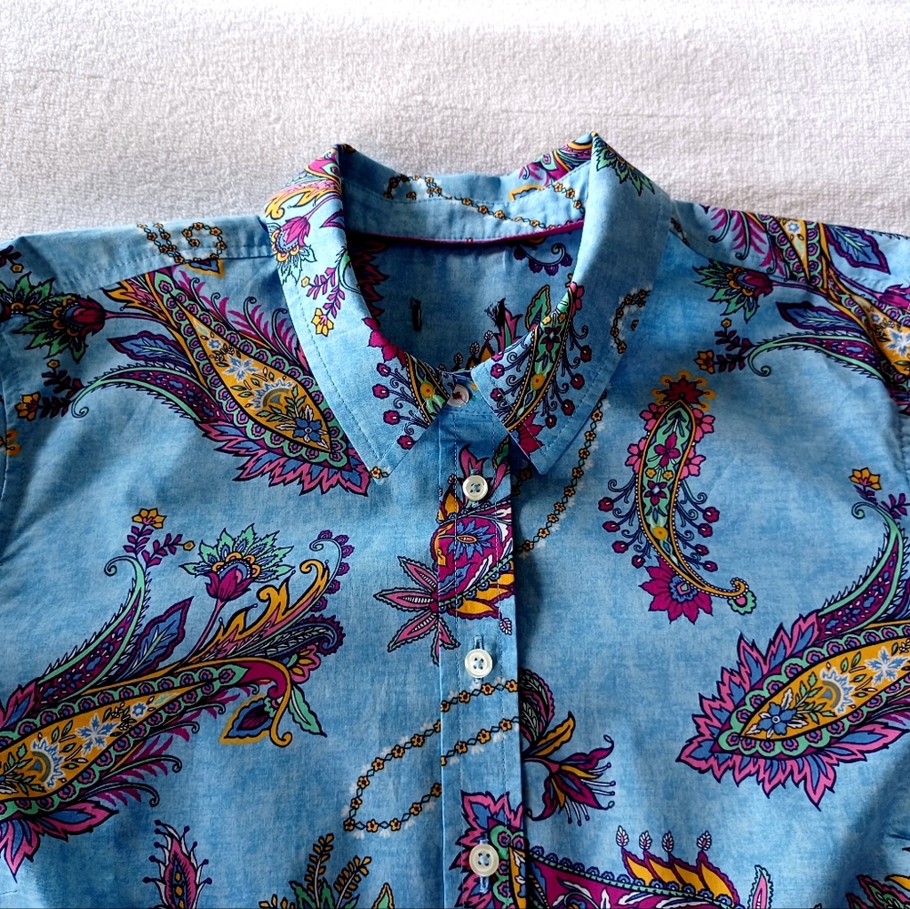 Talbots Cotton Button Front Shirt - Swirly Paisley, Size Lp - Picture 6 of 16